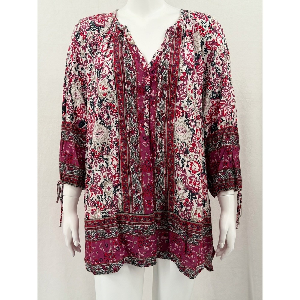 Lucky Brand Top Womens 2X Red Floral Paisley Popover Peasant Boho Cottage Flowy